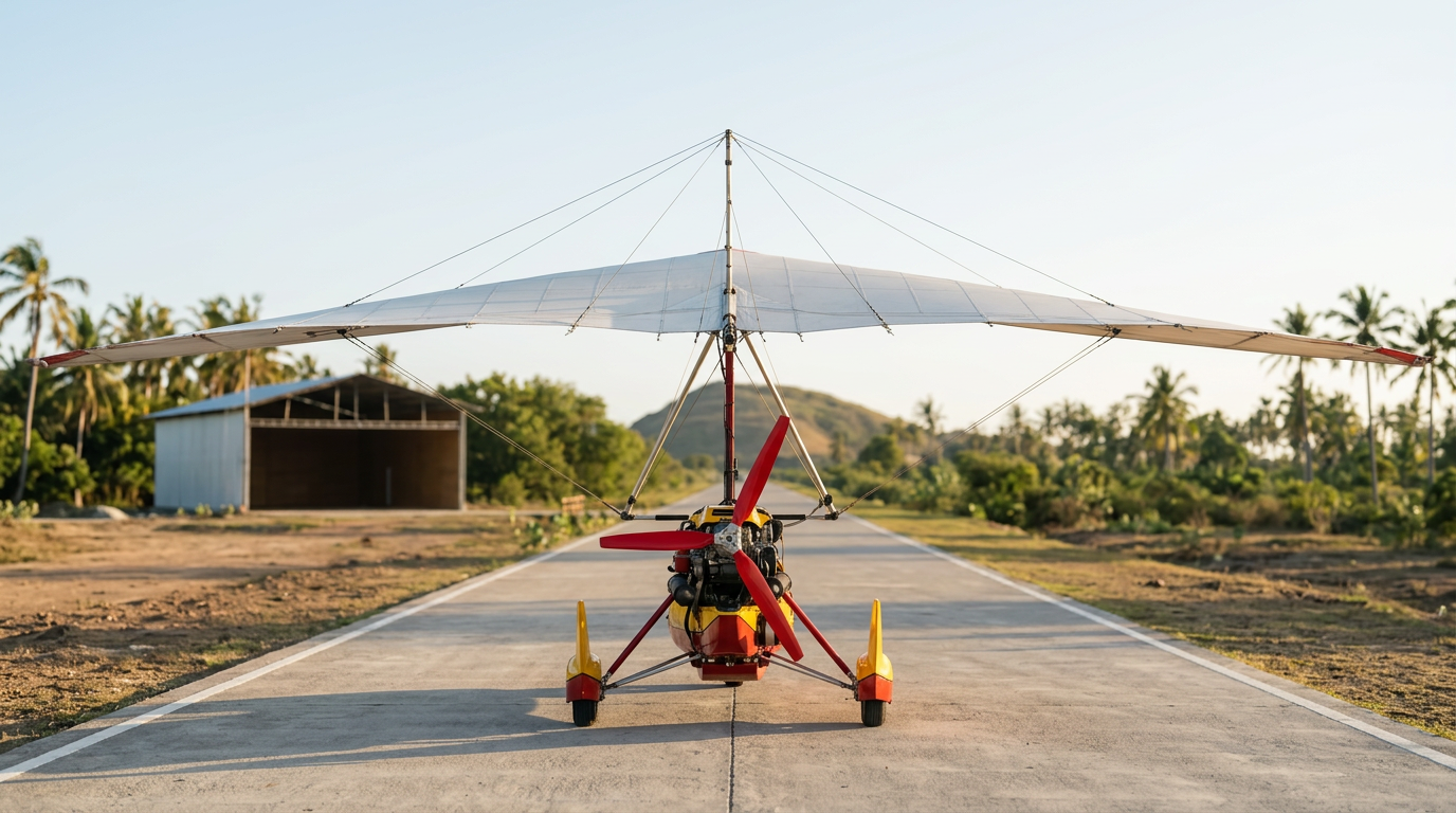 Ultralight on the Tanjung Aan runway, looking out toward the ocean